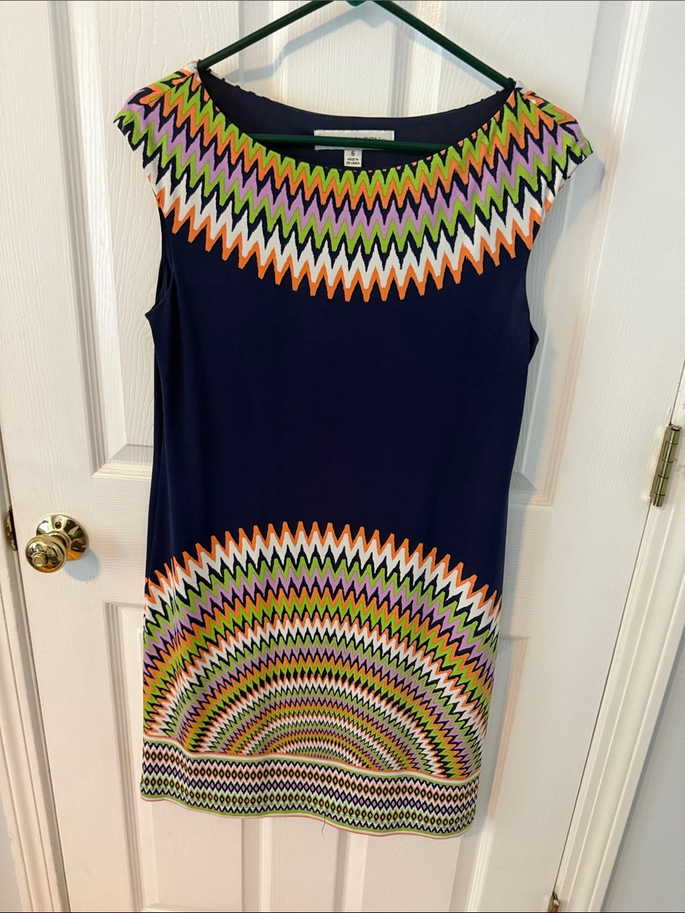 Maggy London Navy Sleeveless Dress with Multicolor Zigzag Trim